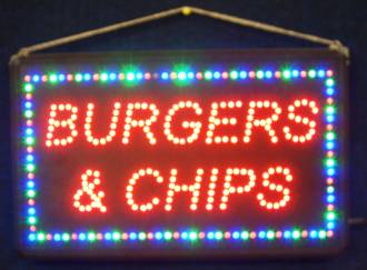 (LED-SIGN-14) LED Flashing BURGERS & CHIPS Sign